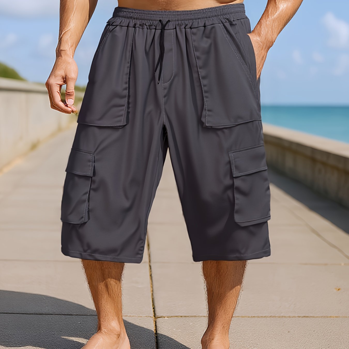 TEMU Plus-size Men's Casual Cargo Capri Pants, Plus Size