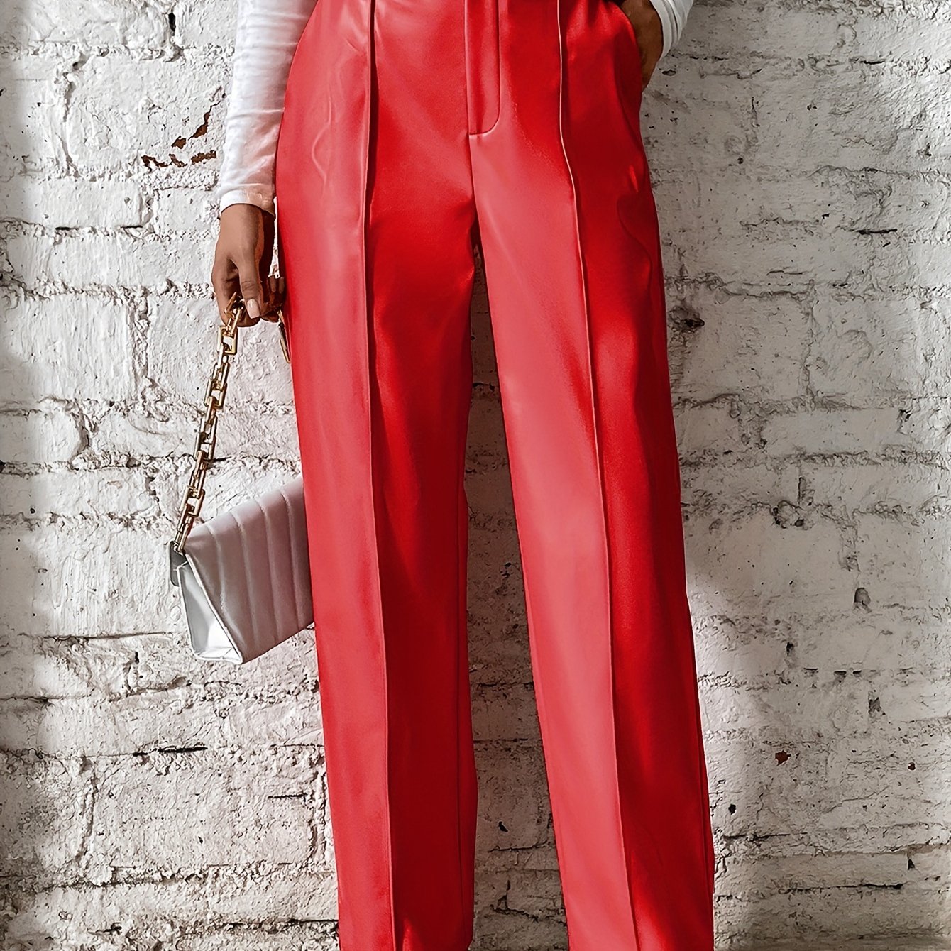 Image of Women's Pu Straight Leg Long Pants With Button-front Waist And Zipper Closure, Casual And Sexy Trousers