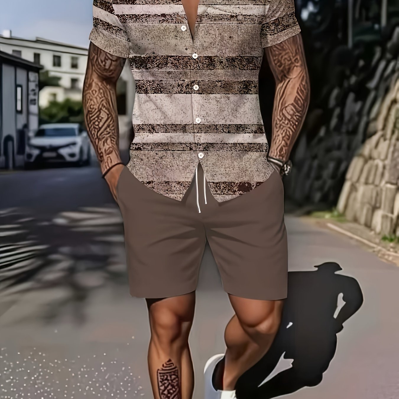 TEMU Summer Men's Casual Shirt Set, Vintage Print Design, Men's Short-sleeve Shirt + Shorts 2pcs Set