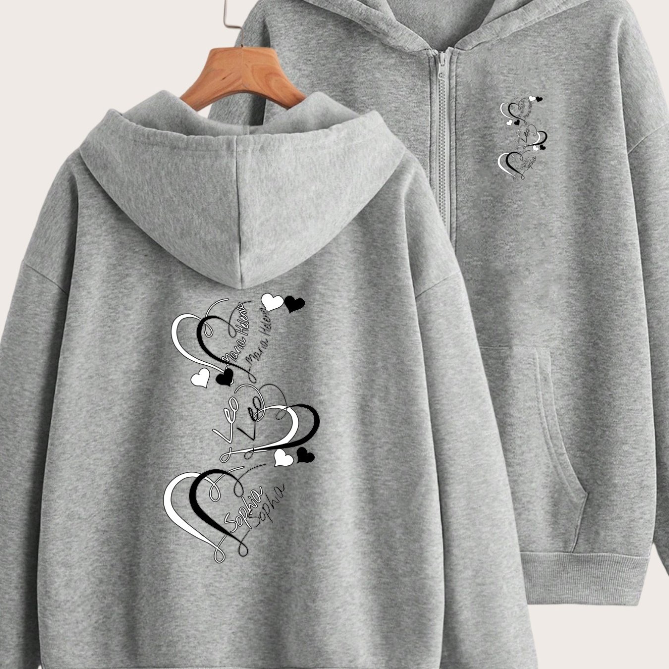 TEMU Y2k Couple's Zip-up Hoodie Jacket With Leo & Name Back Print - Front/back Heart Hooded Zipper Jacket, Machine Washable Suitable For Casual