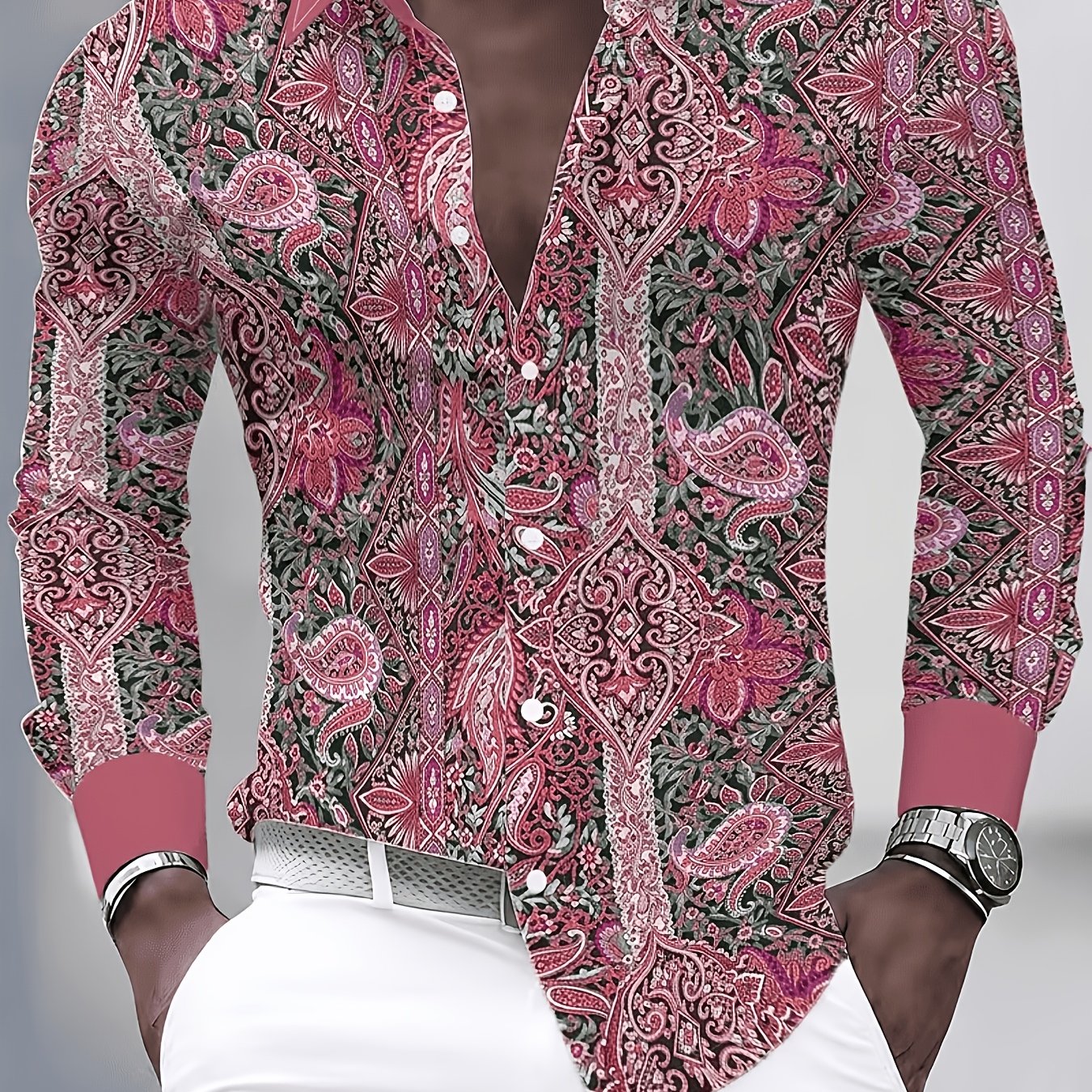 TEMU Men's Casual Long Sleeve Shirt With Vintage Paisley Pattern, Fashionable Designer Top, Trendy Style, Casual And Versatile, Comfortable And