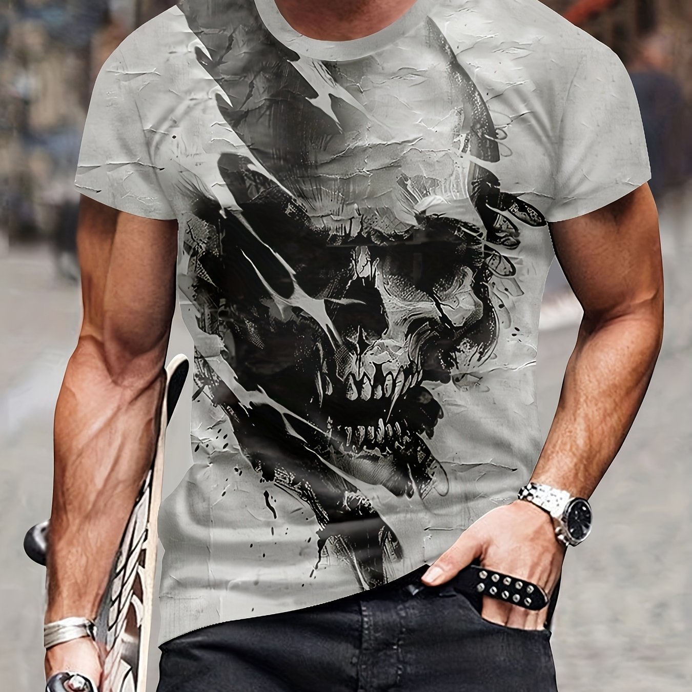 TEMU Men's T-shirt With A Skull Pattern, Featuring Ink Wash Style And Short Sleeves. Designed For Fashion, Suitable For Casual , Daily Commutes, And