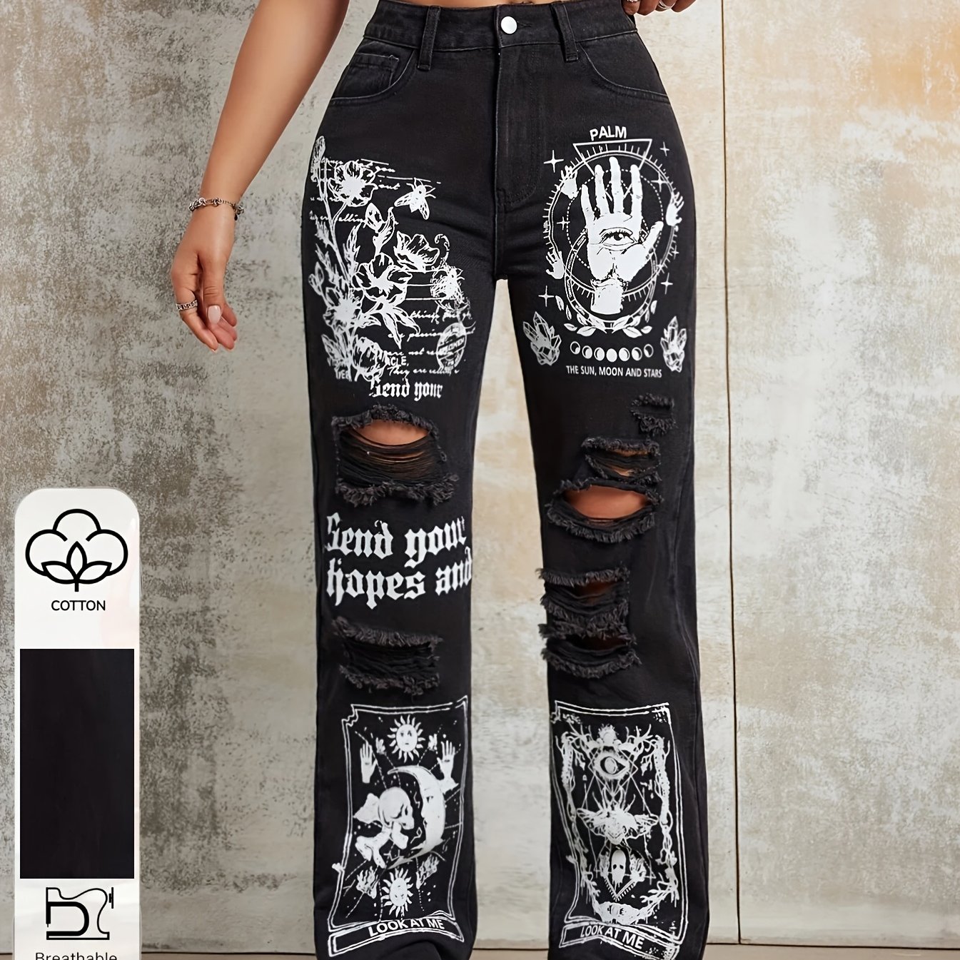 Y2k High Waist Straight Leg Pants With Cartoon Pattern Print Denim Jeans