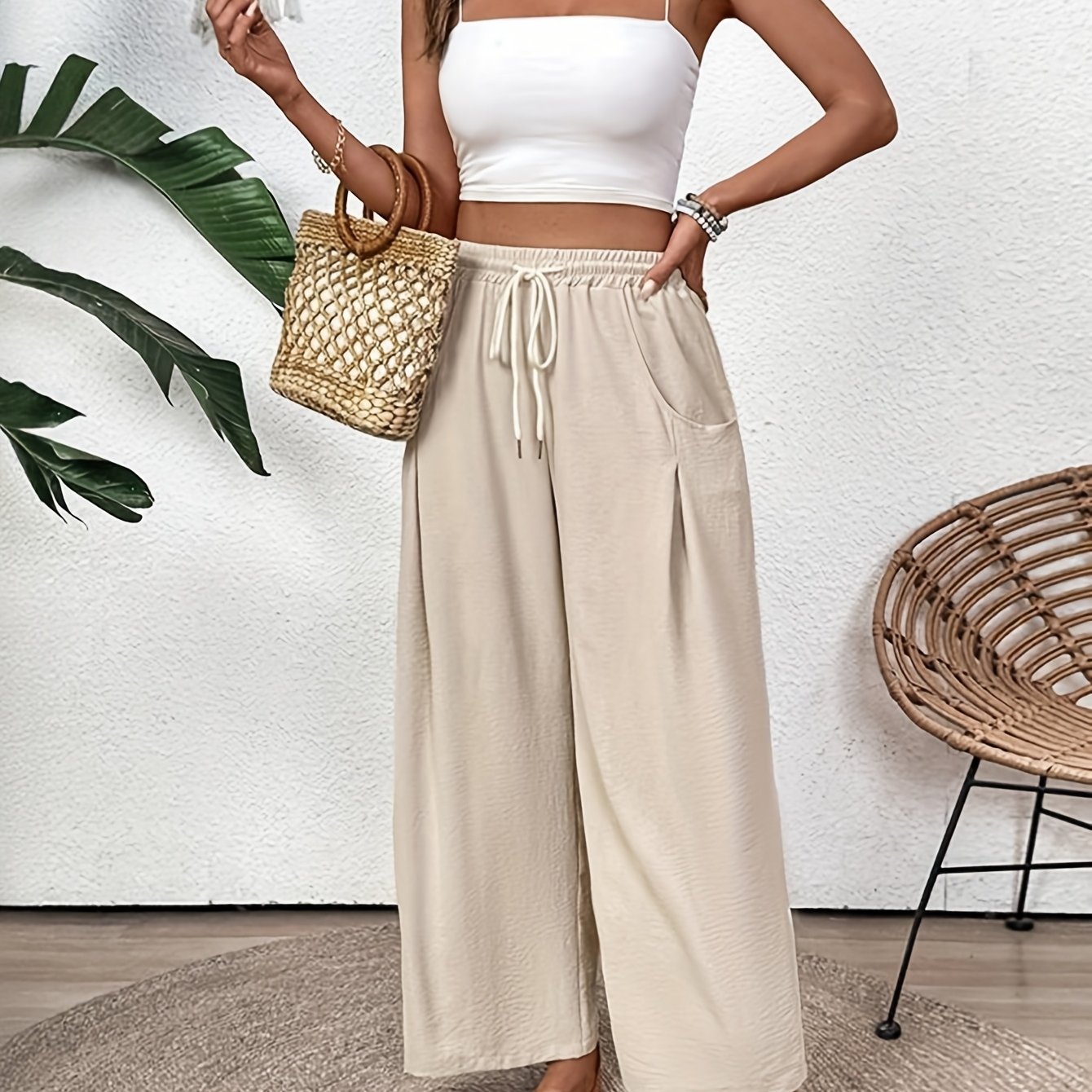 Image of Y2k Style Wide Leg High Waist Casual Lounge Pants 2025 Summer Beach Travel Vacation Outfits