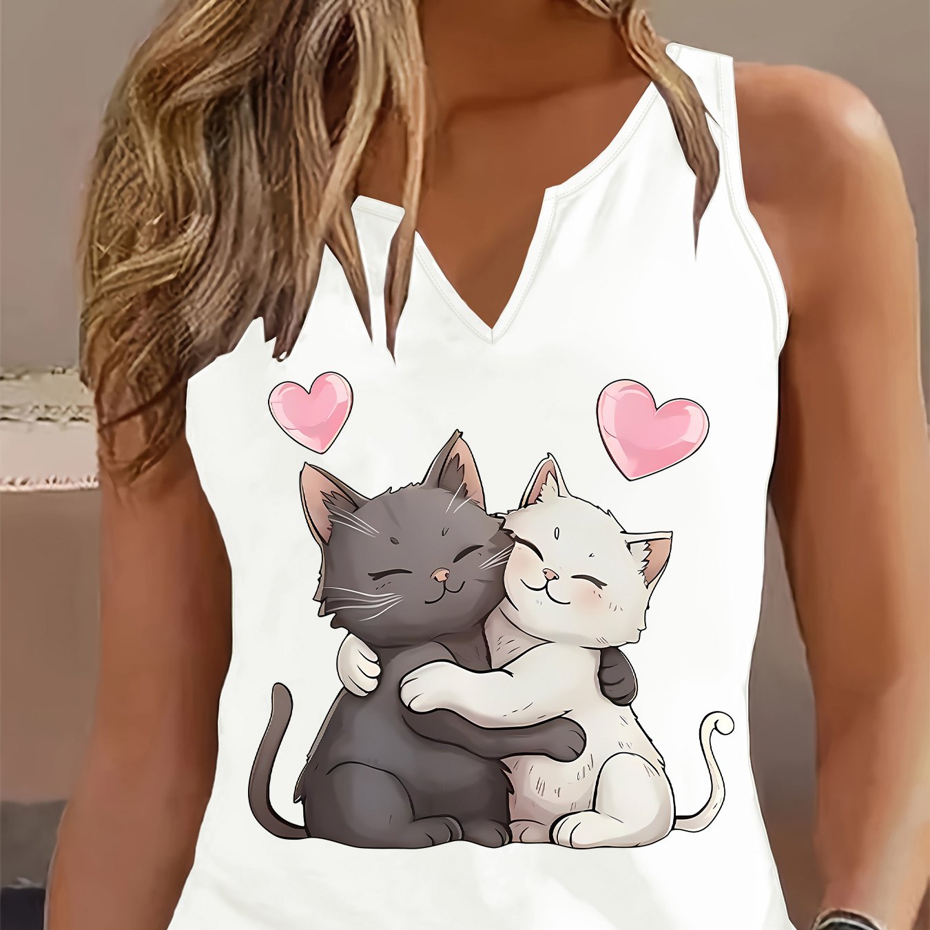 TEMU Top casual da donna con scollo design di gattino e cuore - Maglietta senza maniche , con illustrazioni di gattino e grigio, perfetta per abiti