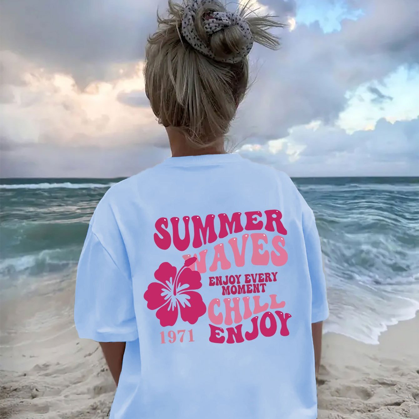 TEMU Ladies Letter Printed Casual T-shirt - Regular Fit, Round Neck, Short Sleeves, Polyester, Machine Washable - For Summer, Casual Attire,