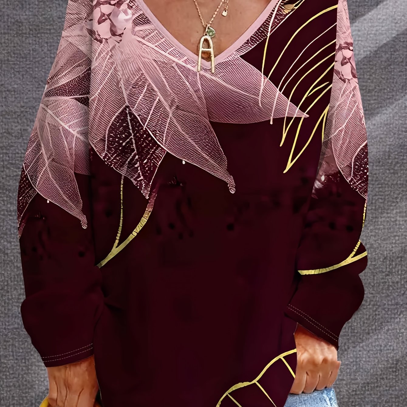 TEMU Pull Femme Grande Taille Col V Imprimé Élégant Été Automne Nouveau Haut Tendance Coupe V Toutes Occasions Manches Longues Couche de Base