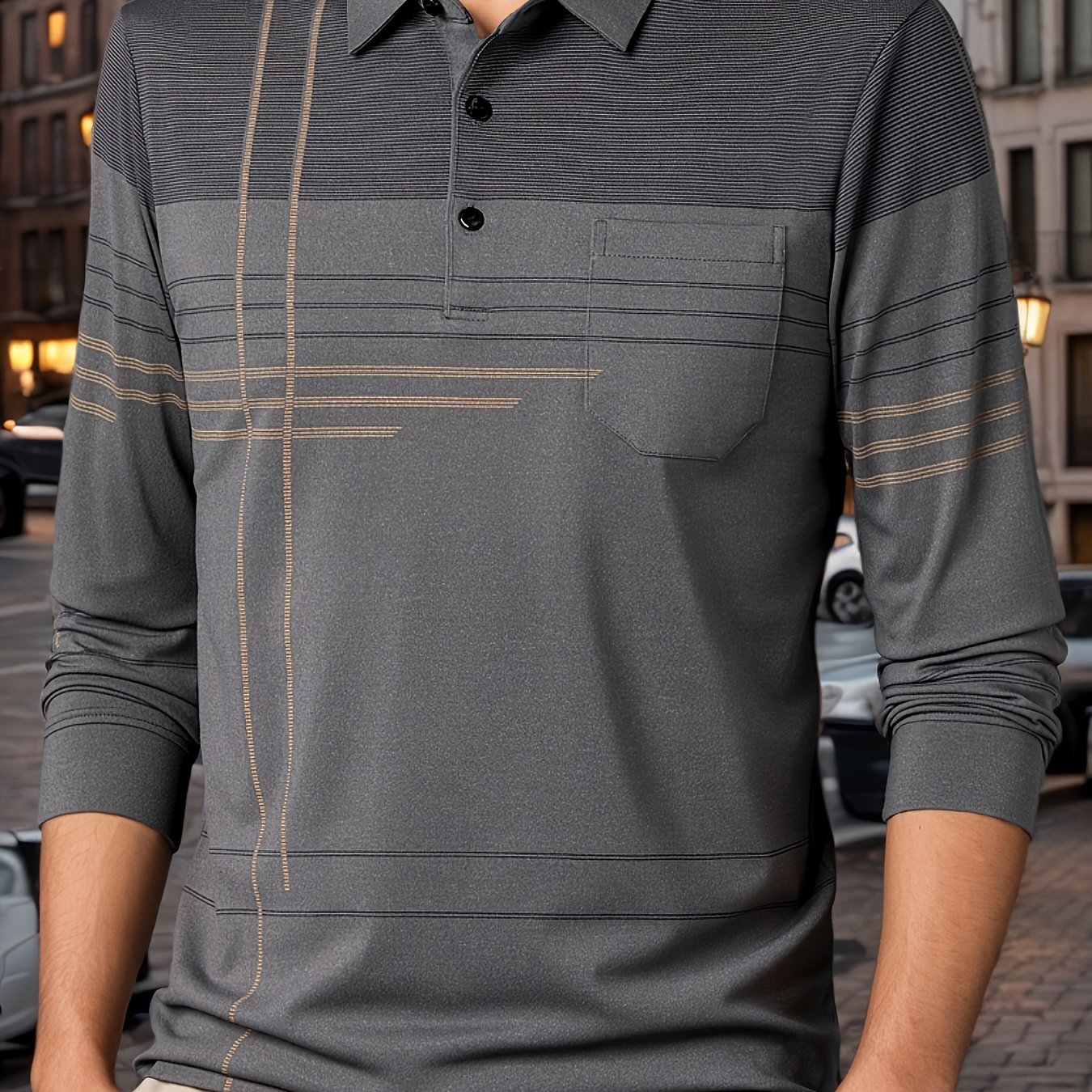 Image of Men's Printed Casual Shirt, Turn- Collar Striped 1/4 Button Vintage Shirt, Outdoor Breathable Shirt