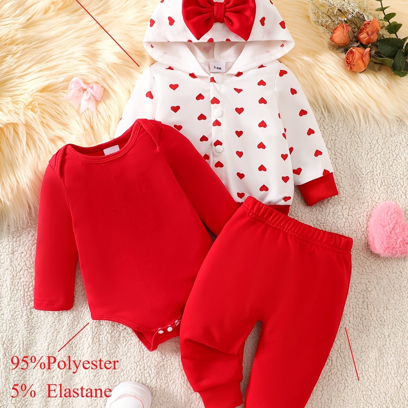 Image of 3pcs Set For Newborn And Toddler Girls: Spring/autumn Trendy And Cute Hooded Jacket With -dimensional Bow And Heart Pattern, Featuring A , With A Solid-color Romper And Long Pants. Made Of Soft Fabric