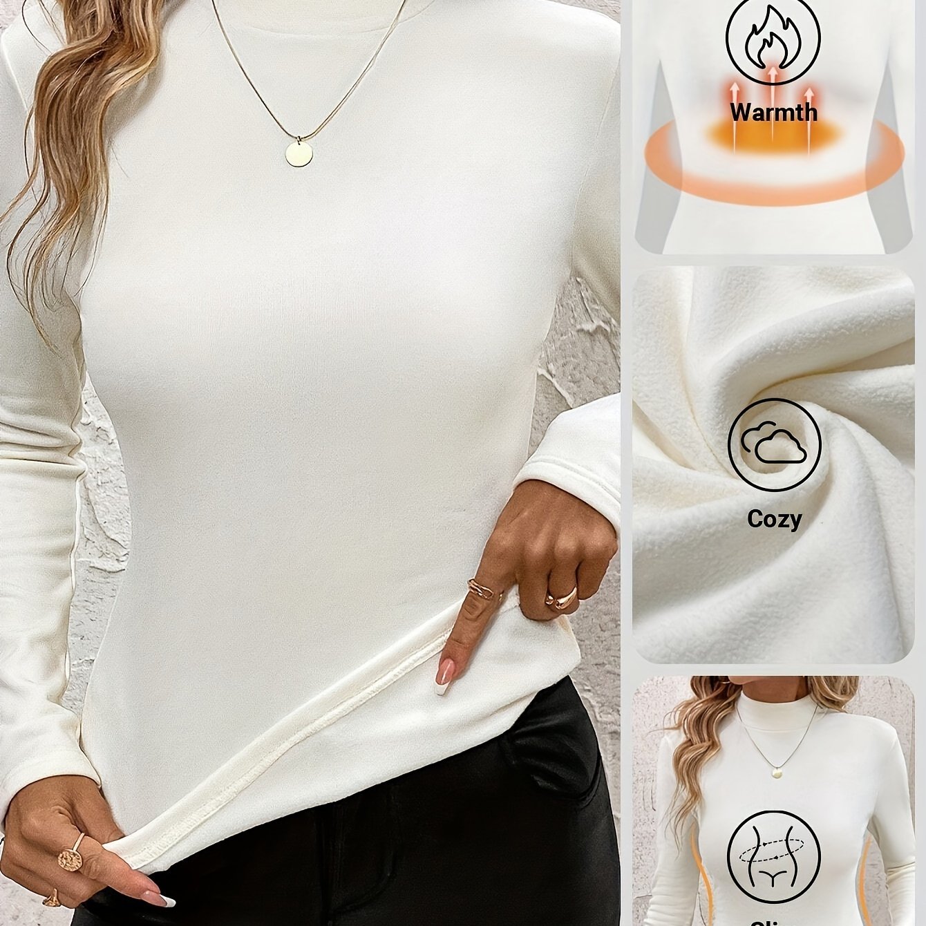 Image of Fleece-lined Thickened Autumn And Winter Women' Color Warm T-shirt White High-neck Fleece-lined T-shirt