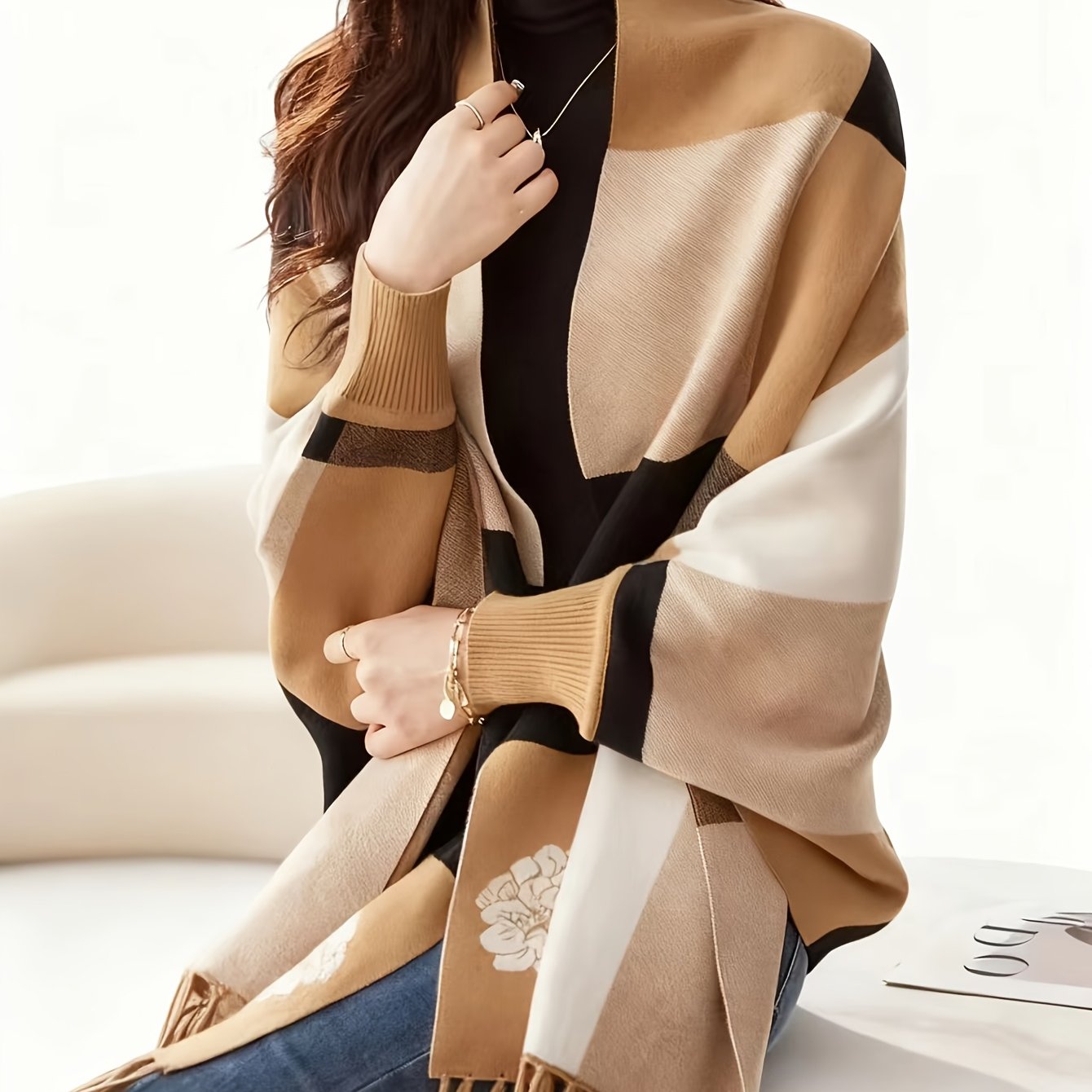 TEMU Plus Size - Peony Pattern Autumn New Women's Warm Tassel Coat Cardigan Women's Sweater Cape Shawl Cloak Outerwear 's Day
