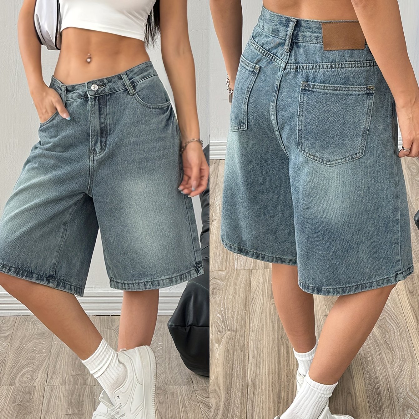Image of 25aw+ Versatile Vintage Washed Denim Shorts Women Loose Casual 100 Wide Leg Pants Bermuda Shorts Summer New Style For Fall