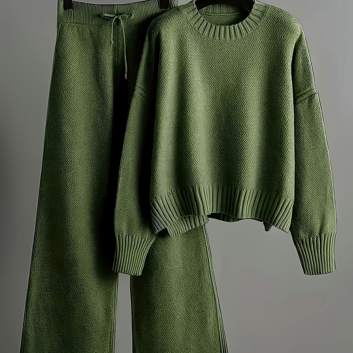 TEMU Women's Early Autumn Retro-style Two-piece Set: Round-neck, -shoulder, Long-sleeved Jumper With Drawstring Wide-leg Trousers, Featuring An