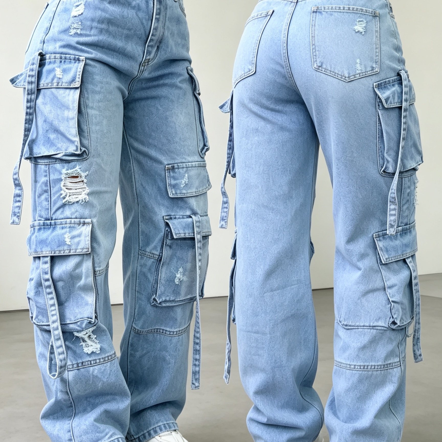 TEMU Hme. Jean Cargo Femme, Multi-Poches avec Détails de Sangles, Bout Déchiré Effet Vieilli, Coupe Taille Haute et Jambe Large, Pantalon en Denim