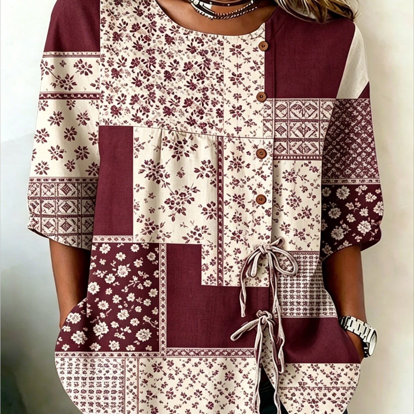 Image of Plus Size - Women's Retro Contrasting Color Block Splicing Floral Pattern Printed Lace-up Button-up Shirt, Fashionable Casual Button-up Shirt, Casual And Formal Wear, Button-up Front Shirt, Is For Her