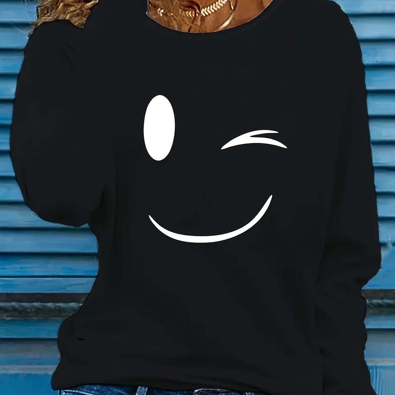 TEMU Women's Casual Long Sleeve T-shirt - Face Print Round Neck Top, Stretchy Machine Washable Black Tee, Suitable For Daily Wear, Women's T-shirt,