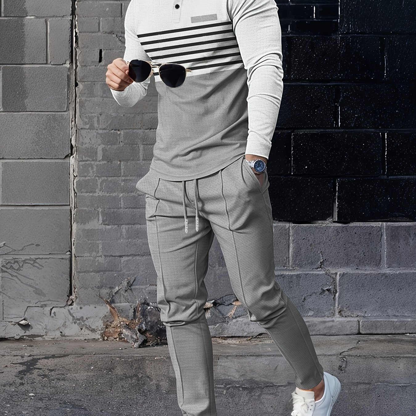 TEMU Completo sportivo da per e , set polo a righe contrastanti facile da indossare, completo due pezzi da con top a maniche lunghe sportivo e