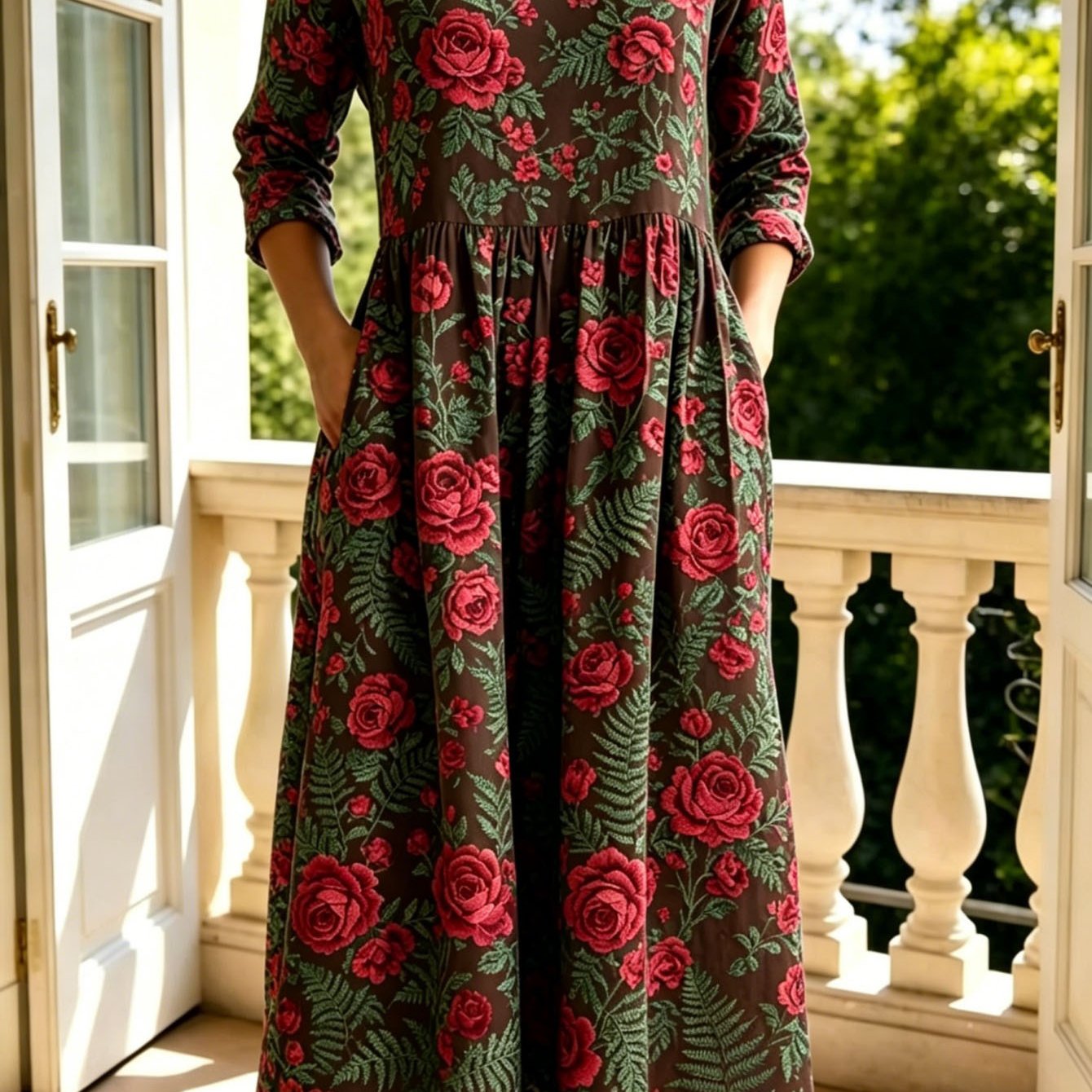 Image of Plus Size, Floral Print Dress For Women, Elegant Round Neck Dress, 3/4 Sleeve Loose Maxi Dress With Pockets