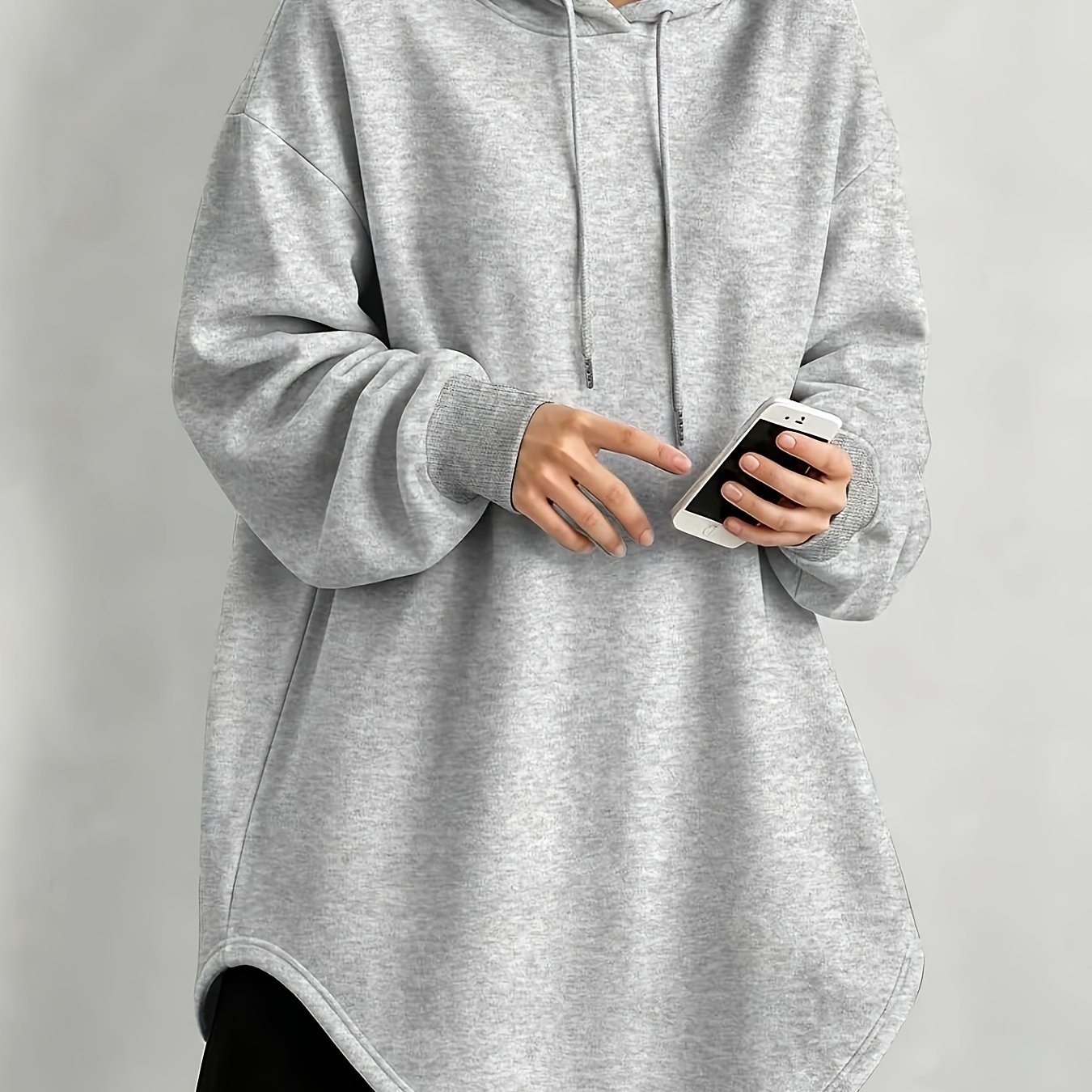TEMU Autumn Winter Short Plush Mid-length Hooded Sweatshirt Women's, Lazy Loose Oversized Asymmetrical Hem Hip-covering Casual Long Sleeve Top
