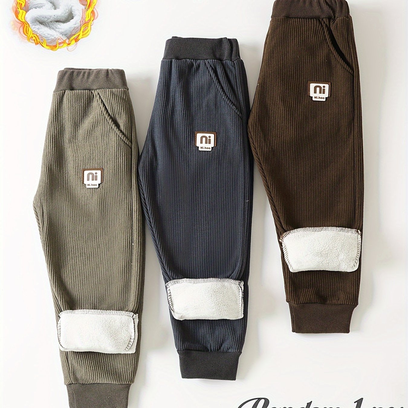 Random 1pc Boys' Insulated Fashionable Casual Sport Long Pants, Loose Fit, Stretch Corduroy Blend, -lined Fabric, Suitable For Outdoor Autumn And Winter , Perfect For Outdoor