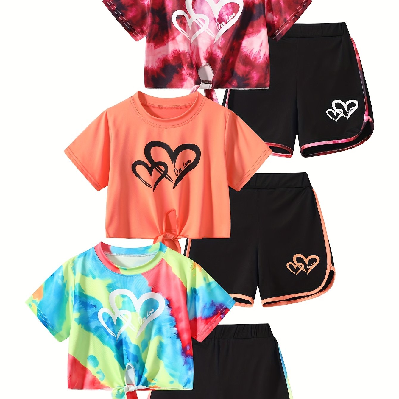 TEMU 6pcs, Girls Love Print Camouflage Design Short Sleeve Athletic Shorts Summer Suit, For Outdoor