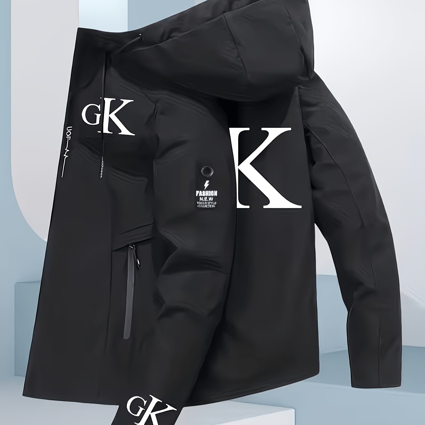 TEMU Men's Loose Fit Gk Letter Print Spring/autumn Basic Hooded Jacket, Essential For Outdoor Mountaineering, With Zipper Closure
