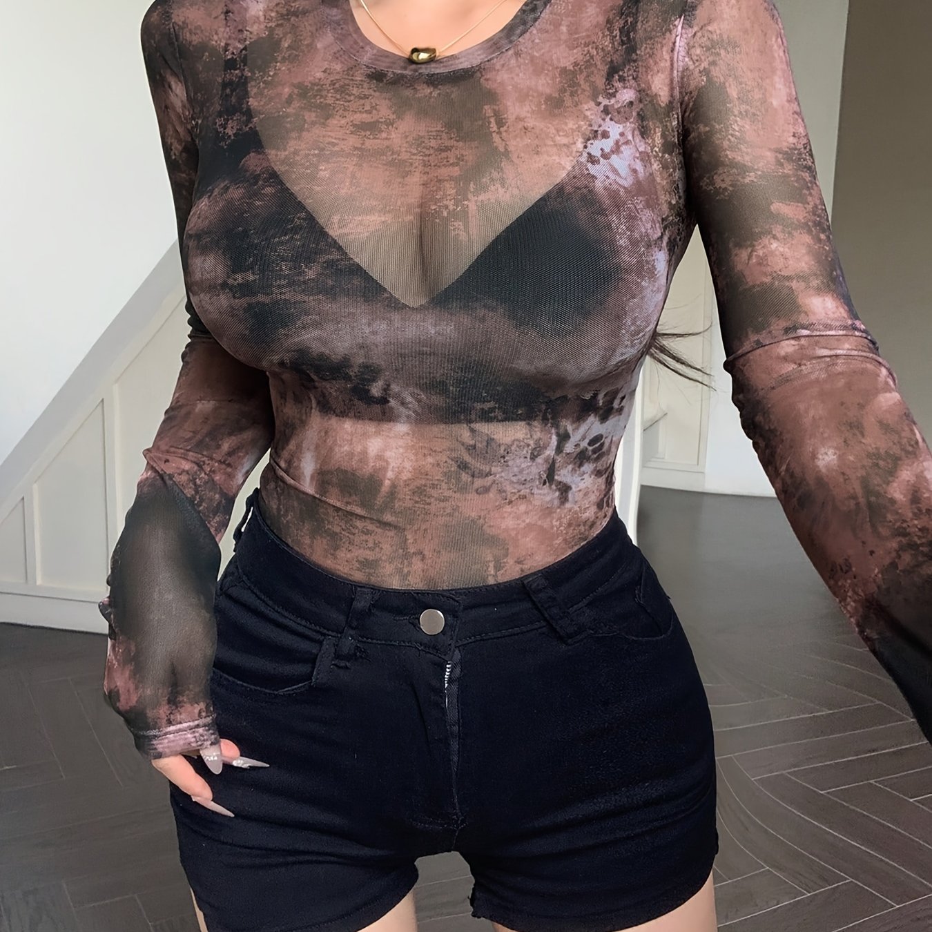 Women&#39;s Sexy Tie-Dye Print Semi-Sheer Mesh Long Sleeve T-Shirt - Stretchy Slim Fit Round Neck Top for Spring Summer Fall, Machine Washable Casual &amp; Dressy Blouse, Ladies T Shirts, Seasonal Fashion, Stretchy Fabric