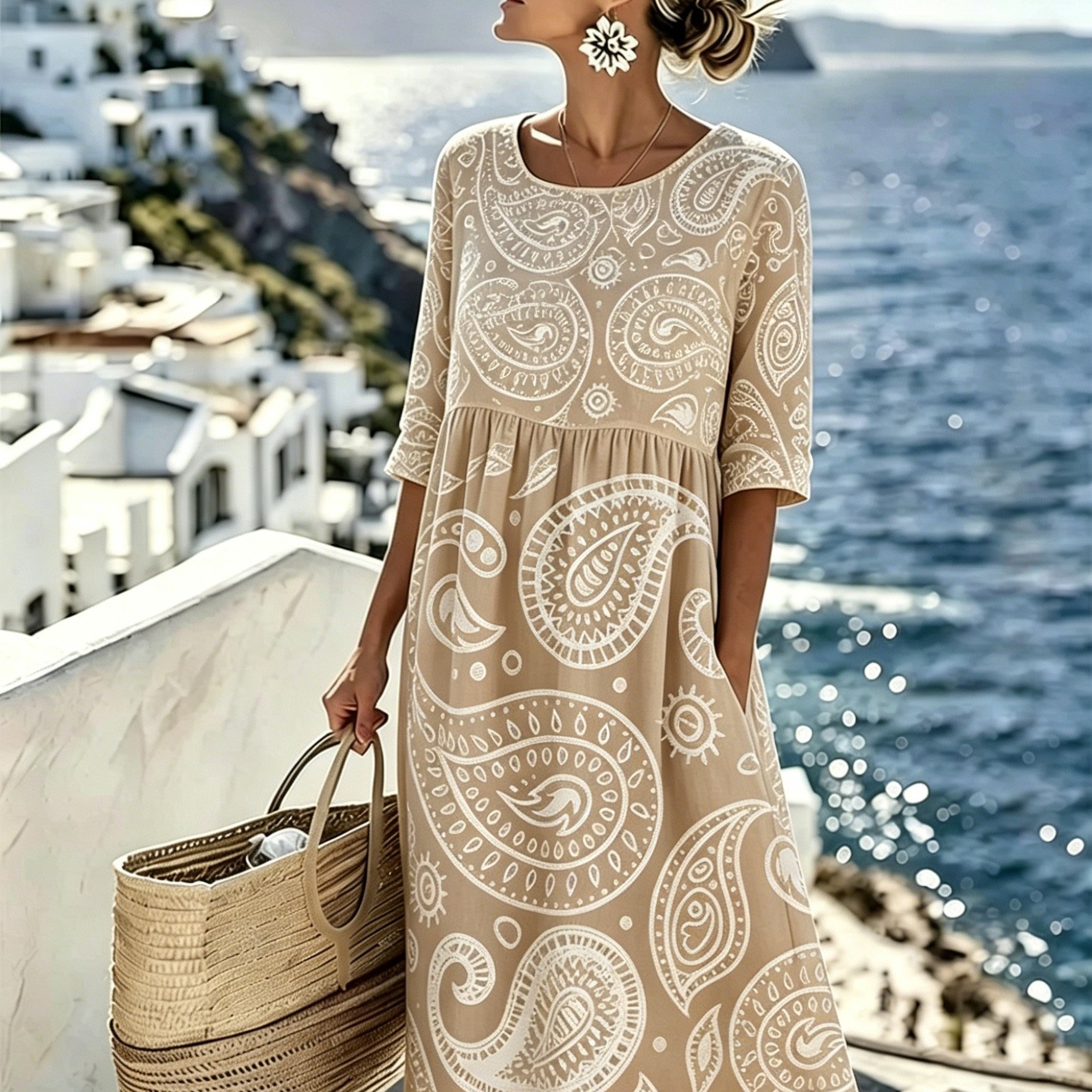 Women's Elegant And Casual Dress With Pockets, 3/4 Sleeve Round Neck Loose Fit High-waist Pleated Bohemian Beach Dress, Ethnic Paisley Print, Perfect For Summer Beach And Vacations, Ideal Gift