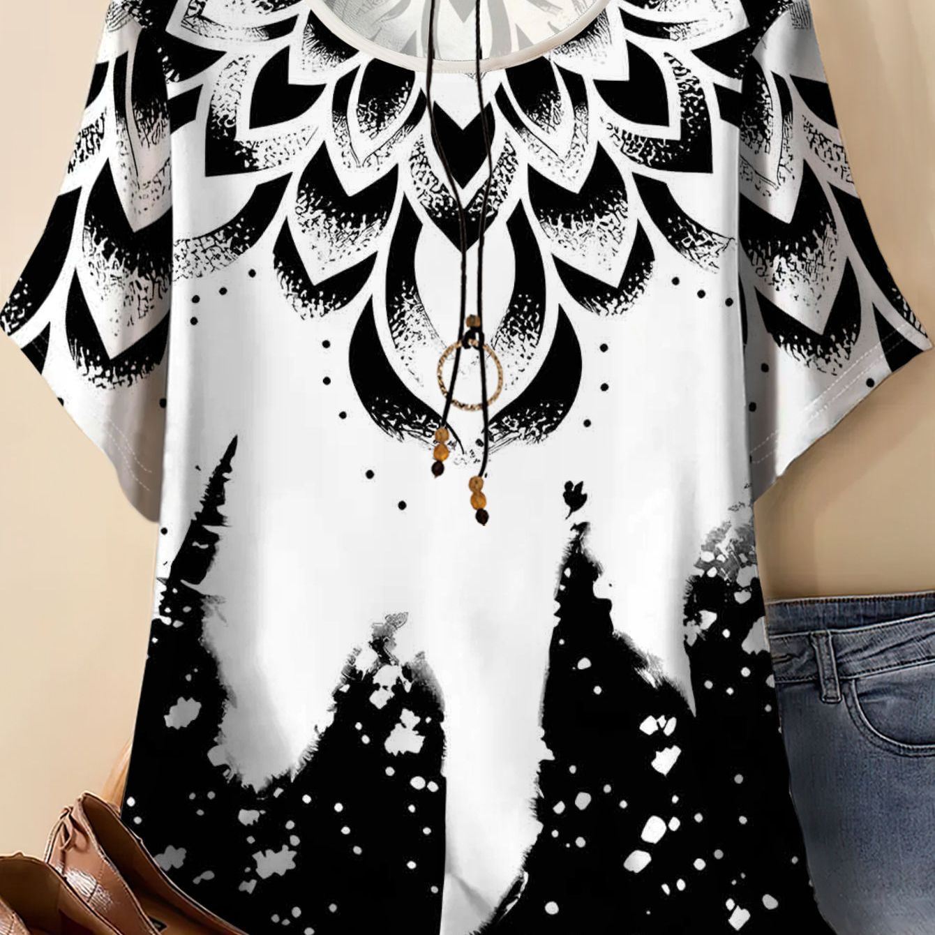 TEMU Women's Plus Size Black And White Ink Print Short Sleeve T-shirt, Loose Summer Top For Covering Up, Casual And Versatile Style