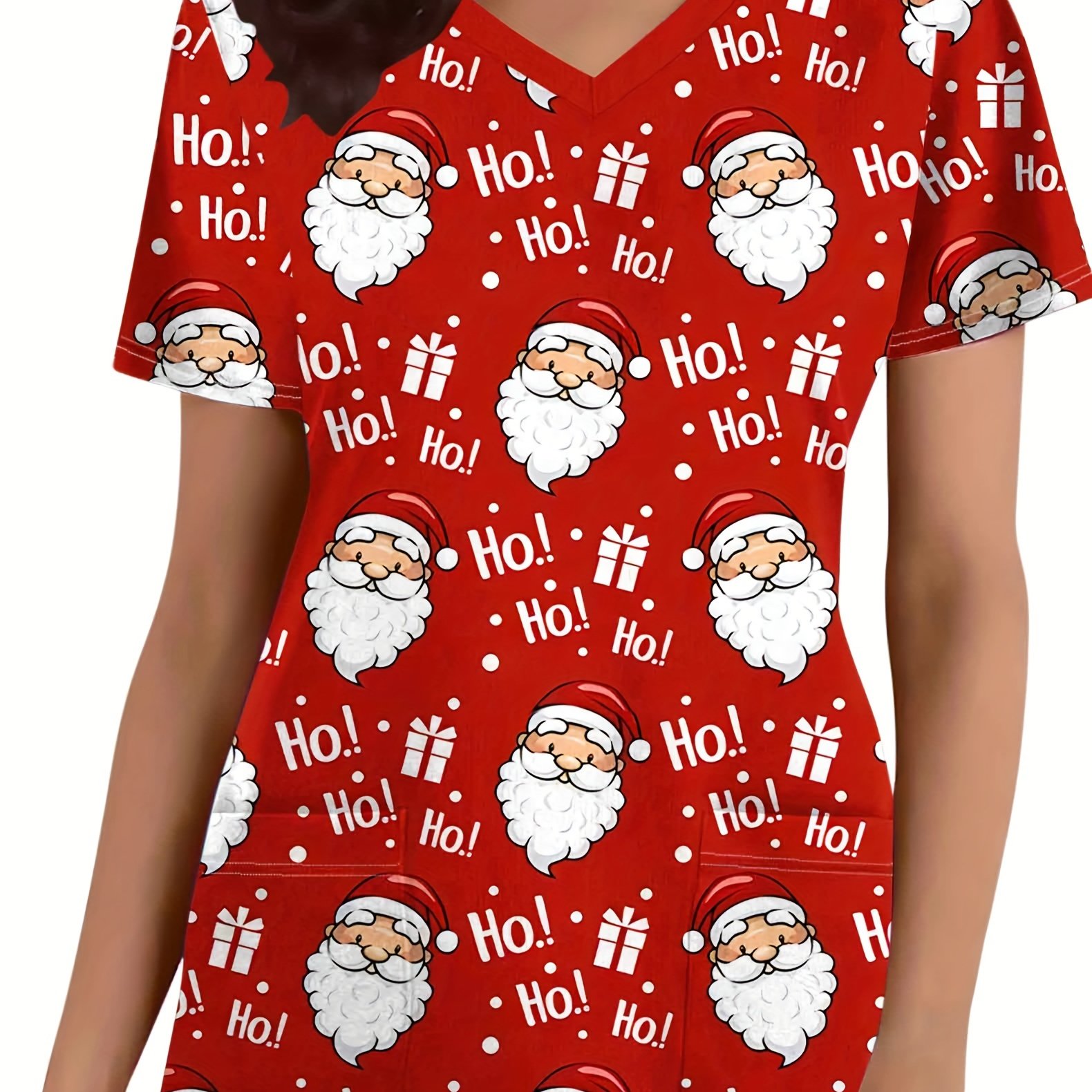 TEMU T-shirt de Noël pour femme, Uniforme d'infirmière de Noël pour femme, Haut à manches courtes avec imprimé Père Noël, Haut à poche et confortable