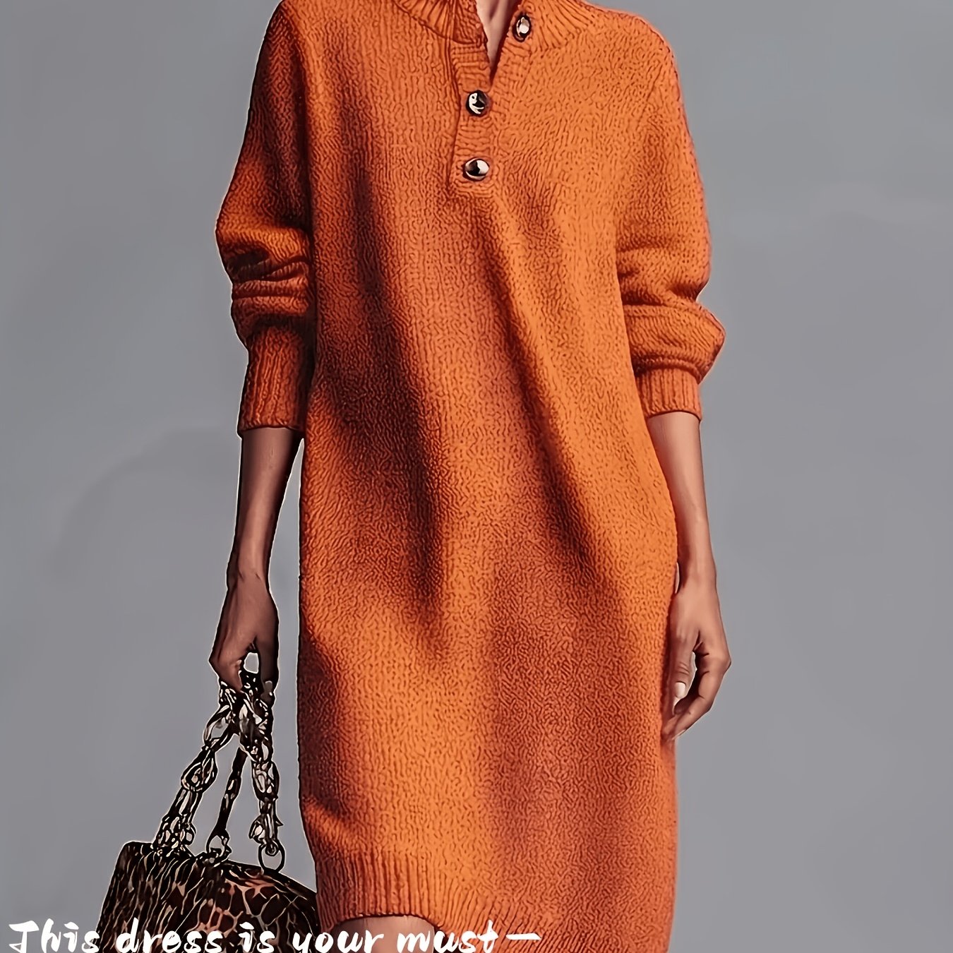 TEMU Autumn Winter Stand Collar Semi-button Dress For Women, Solid Color Loose Lazy Style Long Sleeve Sweater Dress, Mid-length Straight Inner Layer