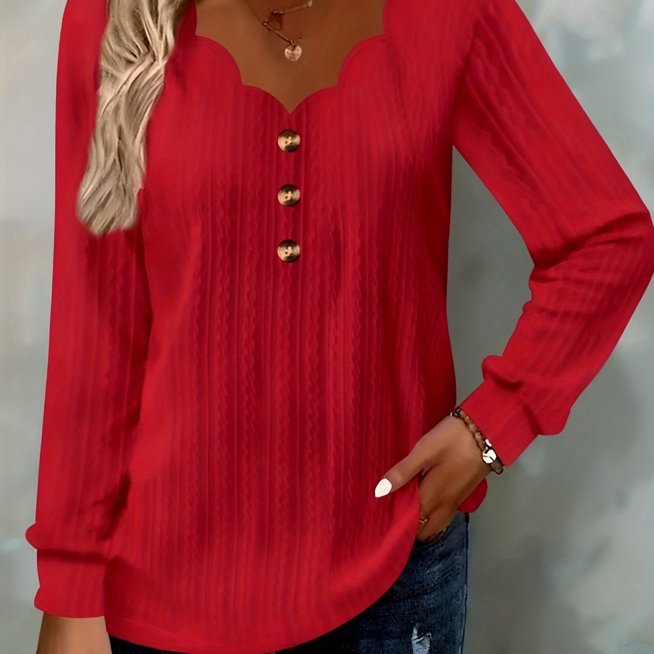 TEMU Autumn/winter New European And American Women's Long Sleeve Solid Color Scallop V-neck Button T-shirt