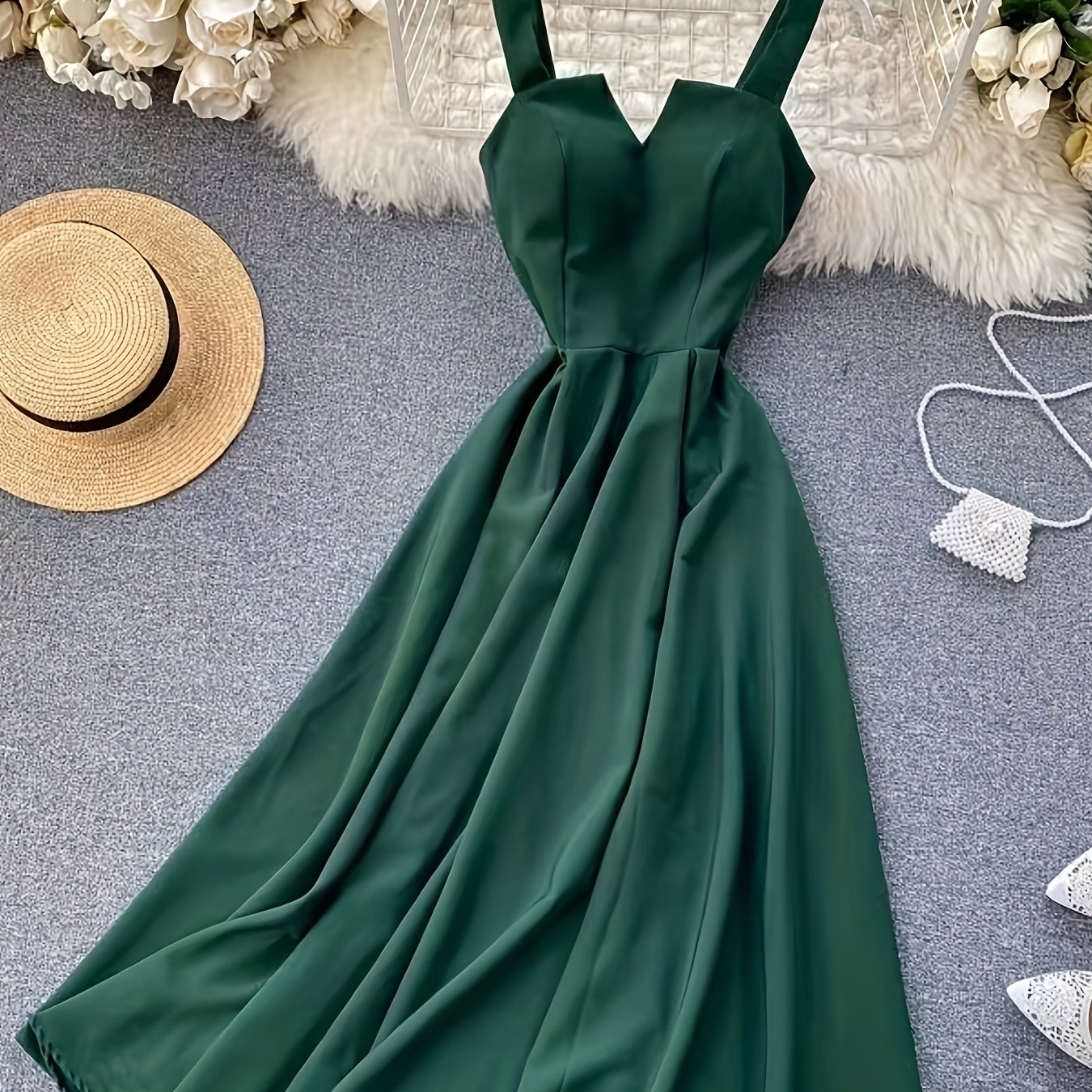 Image of Elegant Teal Midi Dress – Sleeveless V-neck Design, Perfect For Summer Parties And Beach Vacations – Flowy Hem