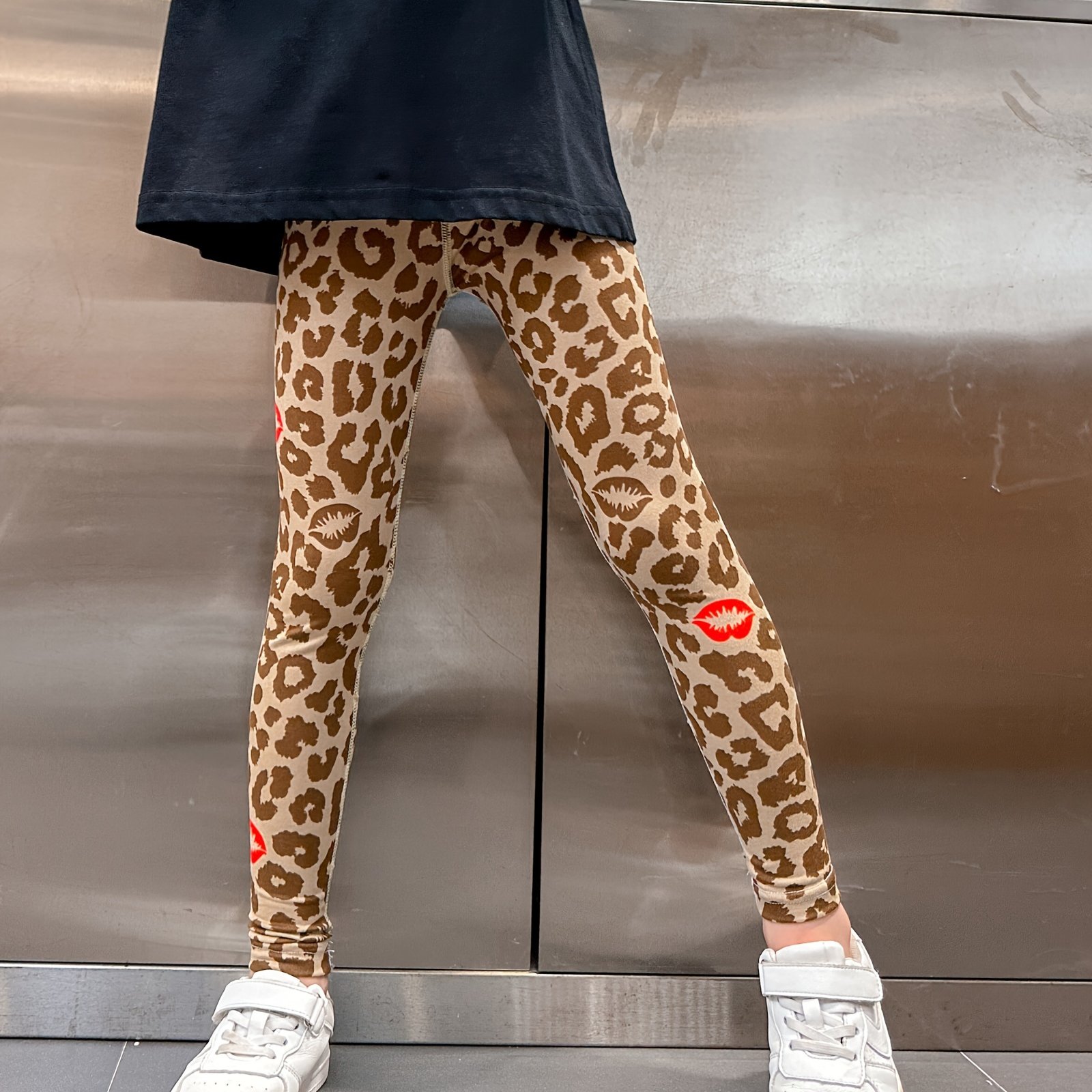 Image of 1pc Girls' Thin Leggings, Summer Autumn Mid-big Kids Girls Red Lips Leopard Print Tight Long Pants Versatile Base Layer Trousers Lightweight Breathable