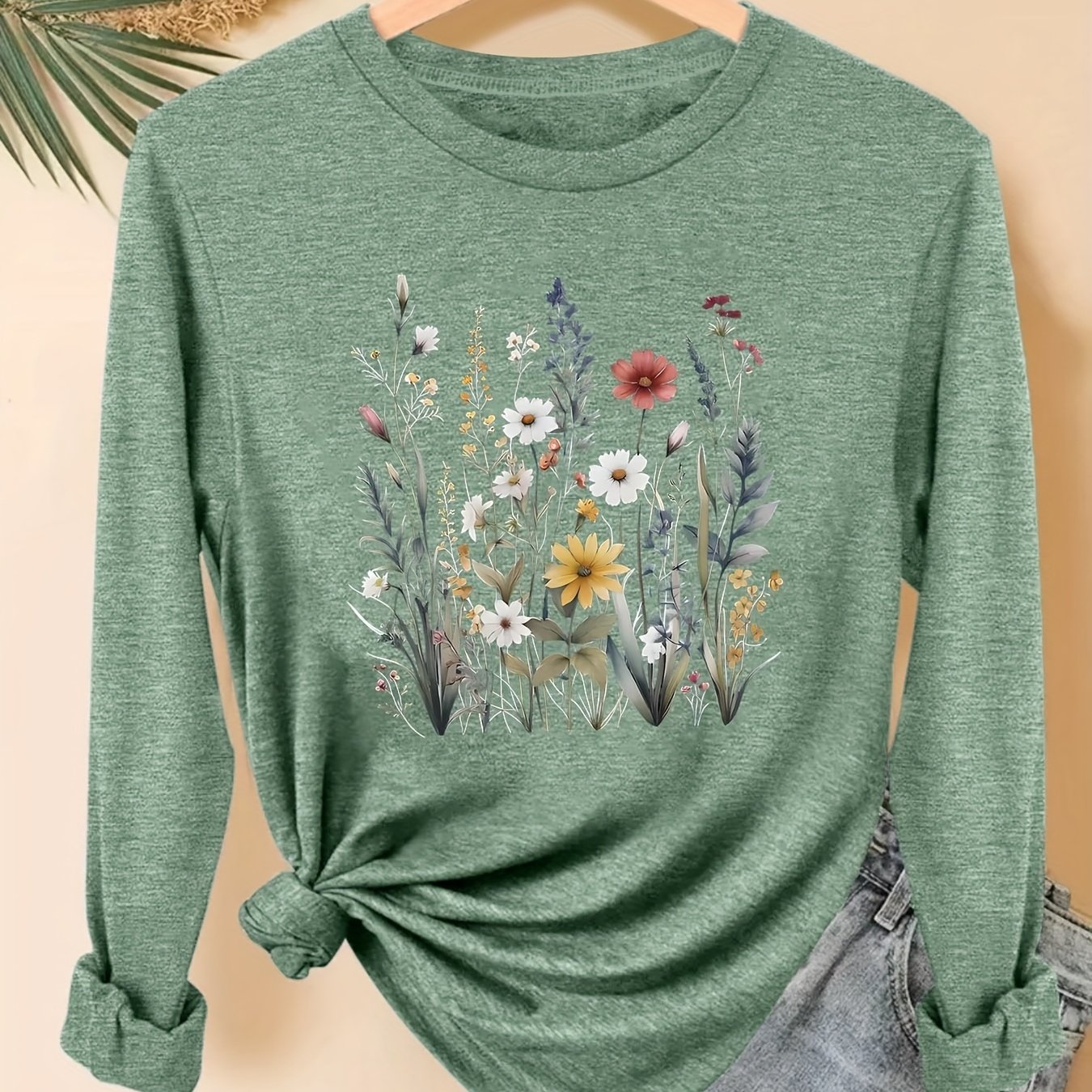 Image of 2025 Spring/autumn Style New Directional Floral Print Round Neck Long Sleeve Loose Casual Women's Top Base T-shirt Machine Washable - Suitable For Spring/autumn Daily And