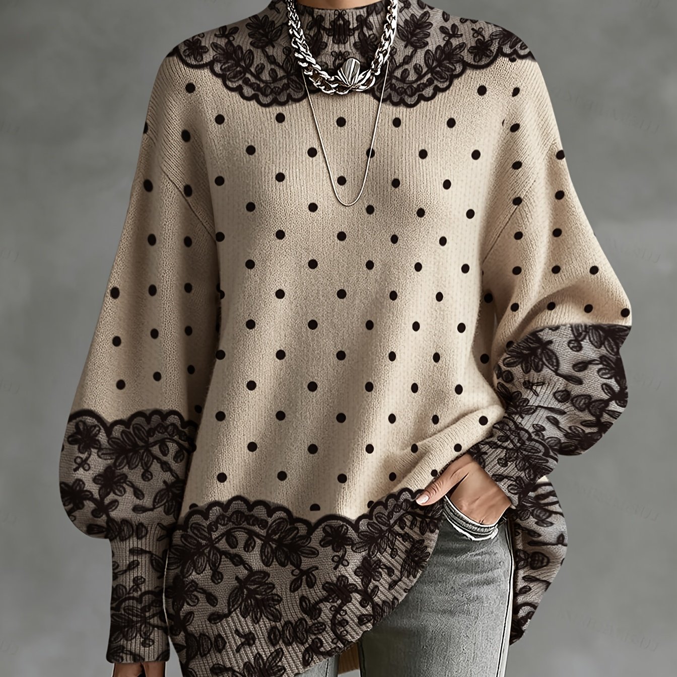 TEMU Pull léger, pull pour femme automne/hiver, tissu et confortable, imprimé à bordure en dentelle, imprimé à , ourlet irrégulier, pour les et ,