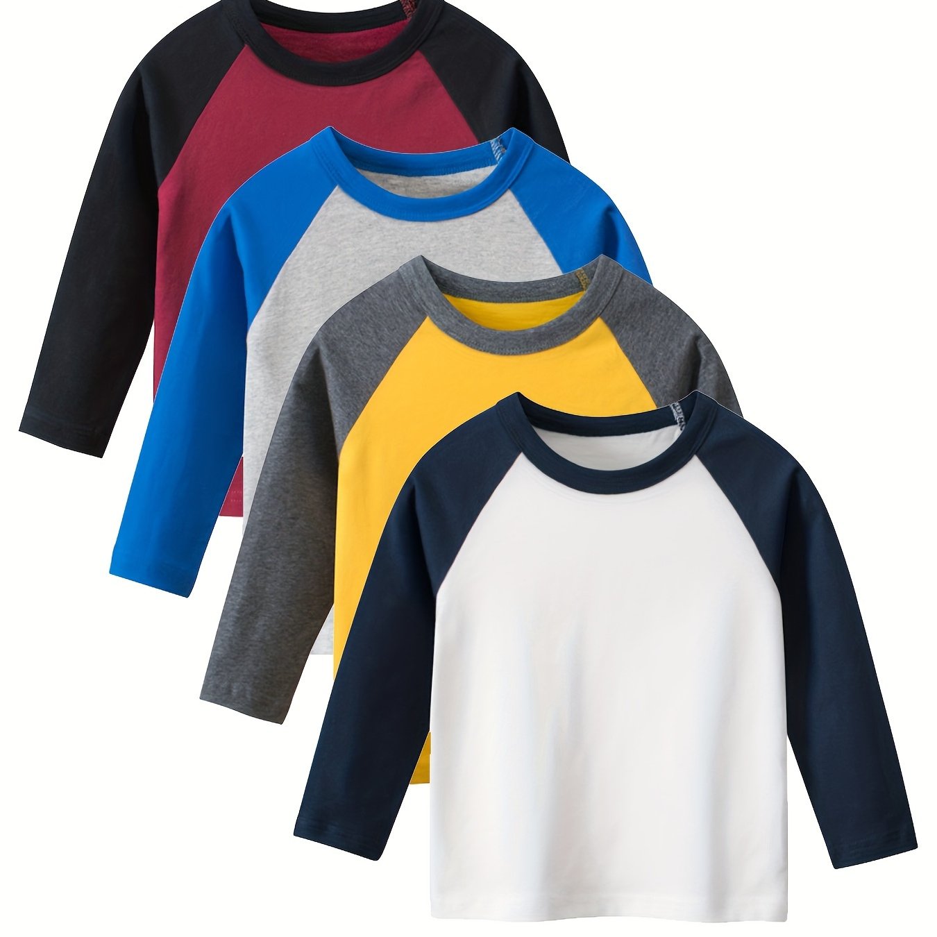 TEMU 4pcs Boys' Cotton Long Sleeve T-shirts - Color , Crew Neck, Perfect For Spring/fall