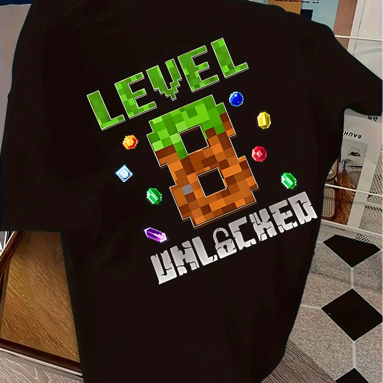 TEMU Pixel Style Birthday T-shirt - 8 Years Unlocked Theme, Creative Children's Gift, Birthday Party Commemorative Shirt