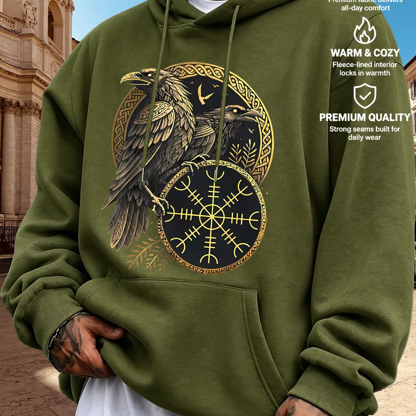 TEMU Men's Hooded Viking Totem Print Nordic Dark Style Casual Sweatshirt