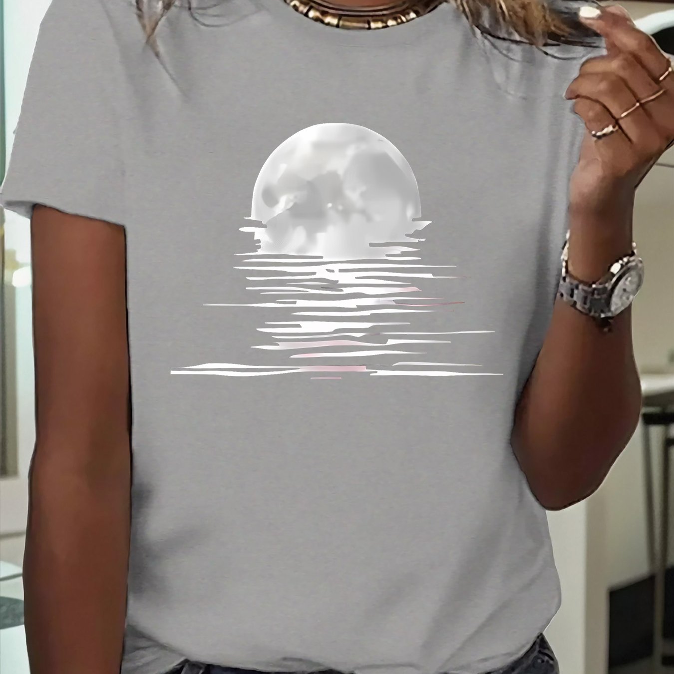 TEMU [new Year Theme] 1pc Spring New Women's T-shirt - Moonlight Reflection Print, Suitable For Sports, Fitness, Running, Fashionable And Fun,