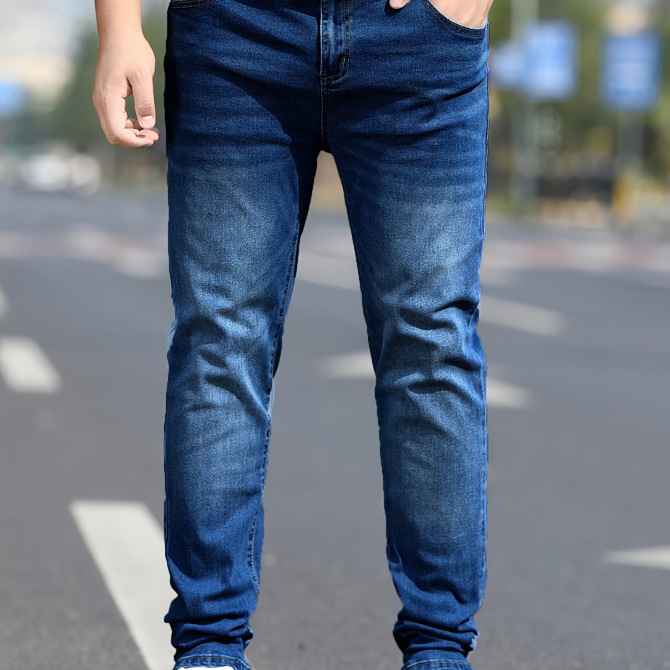 Men's Washed Jeans - Solid Color Casual Straight-look Pants, Machine-washable Fit For Casual Attire & Smart-casual Outfits (regular Length)