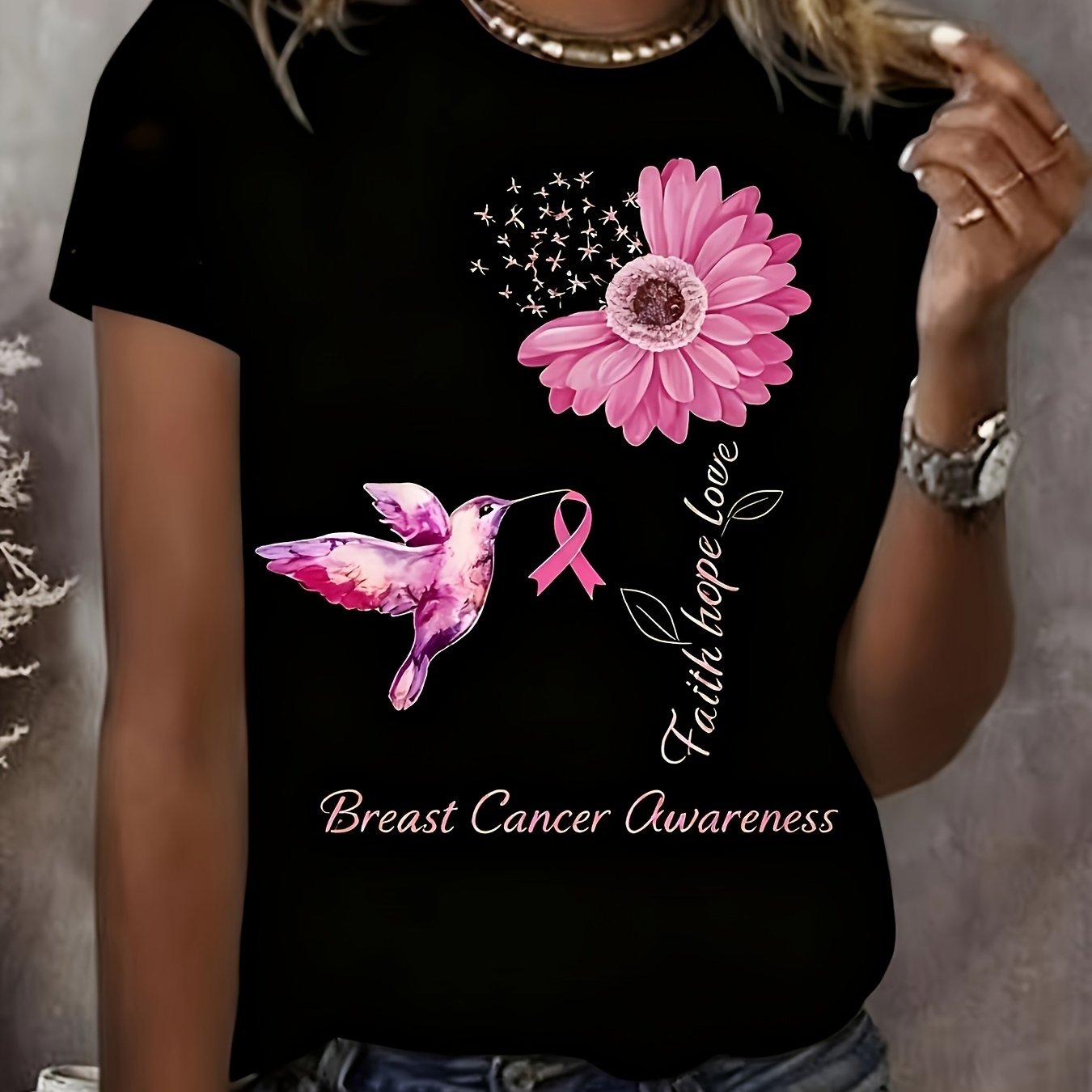 TEMU Women's Summer Short Sleeve Printed T-shirt, Breast Cancer Awareness Ribbon Bird Print, Round Neck Casual Fit Machine Washable