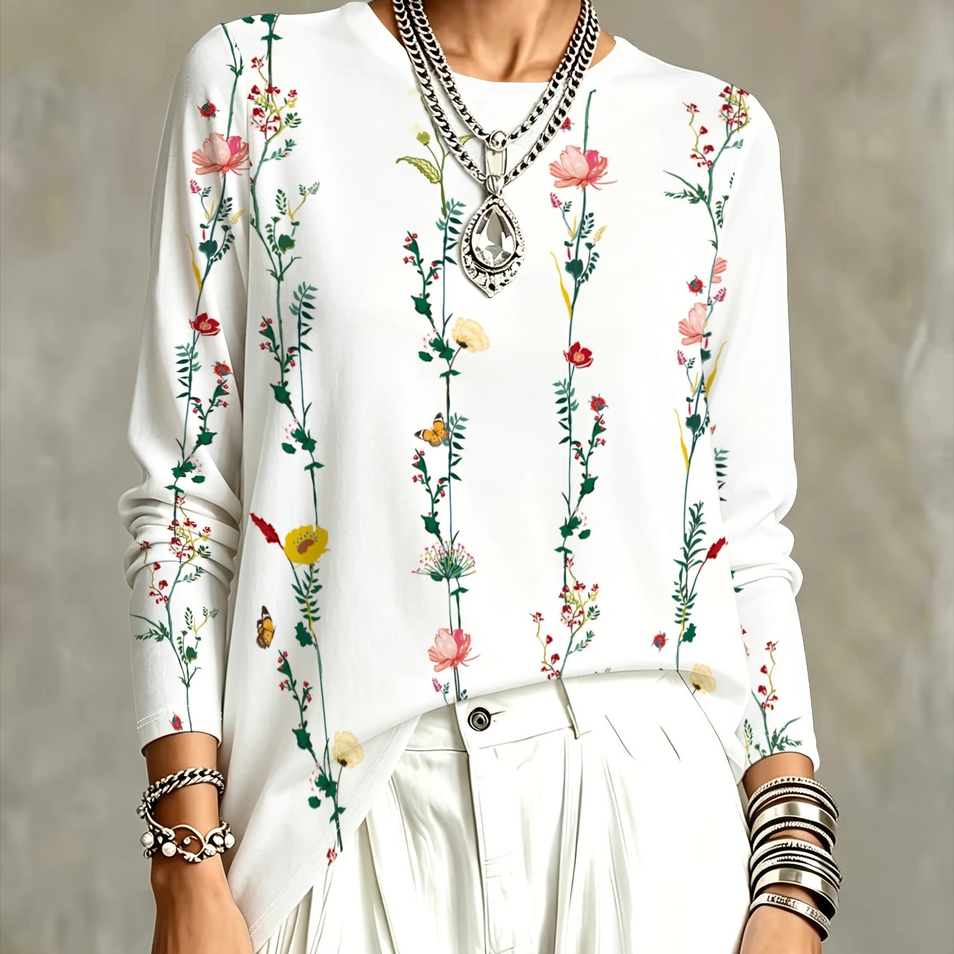 TEMU Women's Printed Long-sleeve Top With Floral Pattern, Elegant Design Versatile For Fashion Commuter And Casual Outfits, Thin And Comfortable,