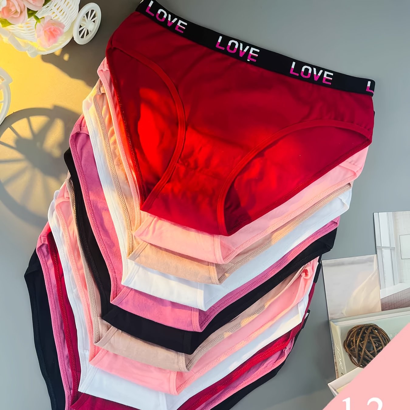 Image of 12pcs [curve Lady Underwear] Plus Size Casual Brief Set, Women's Plus Breathable Contrast Color Letter Tape Soft Bikini Panties Clothing Gifts (colors Random Delivery)