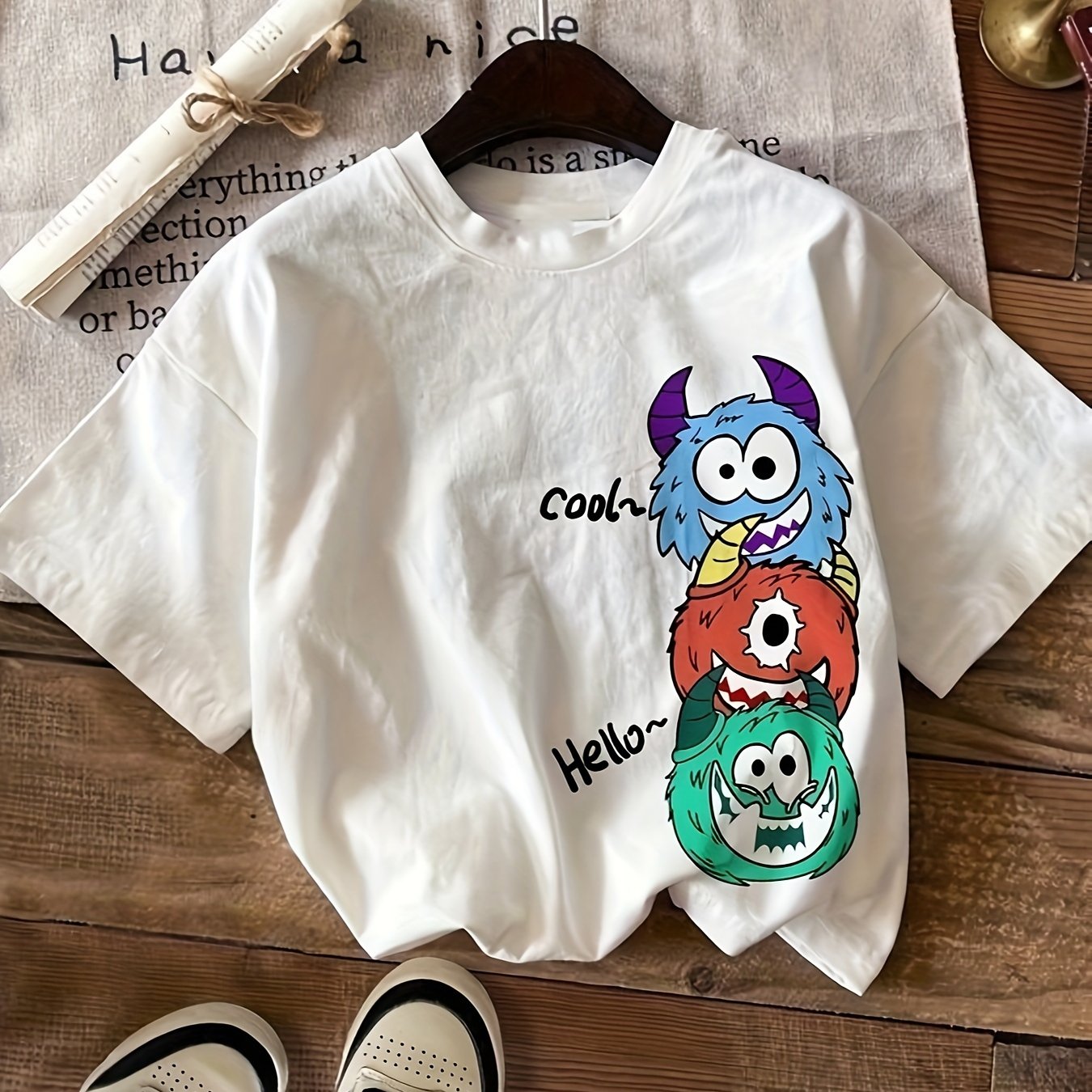 TEMU Cartoon Monster Print T-shirt, Short Sleeve Crew Neck Casual Top For Summer & Spring, Women's Clothing