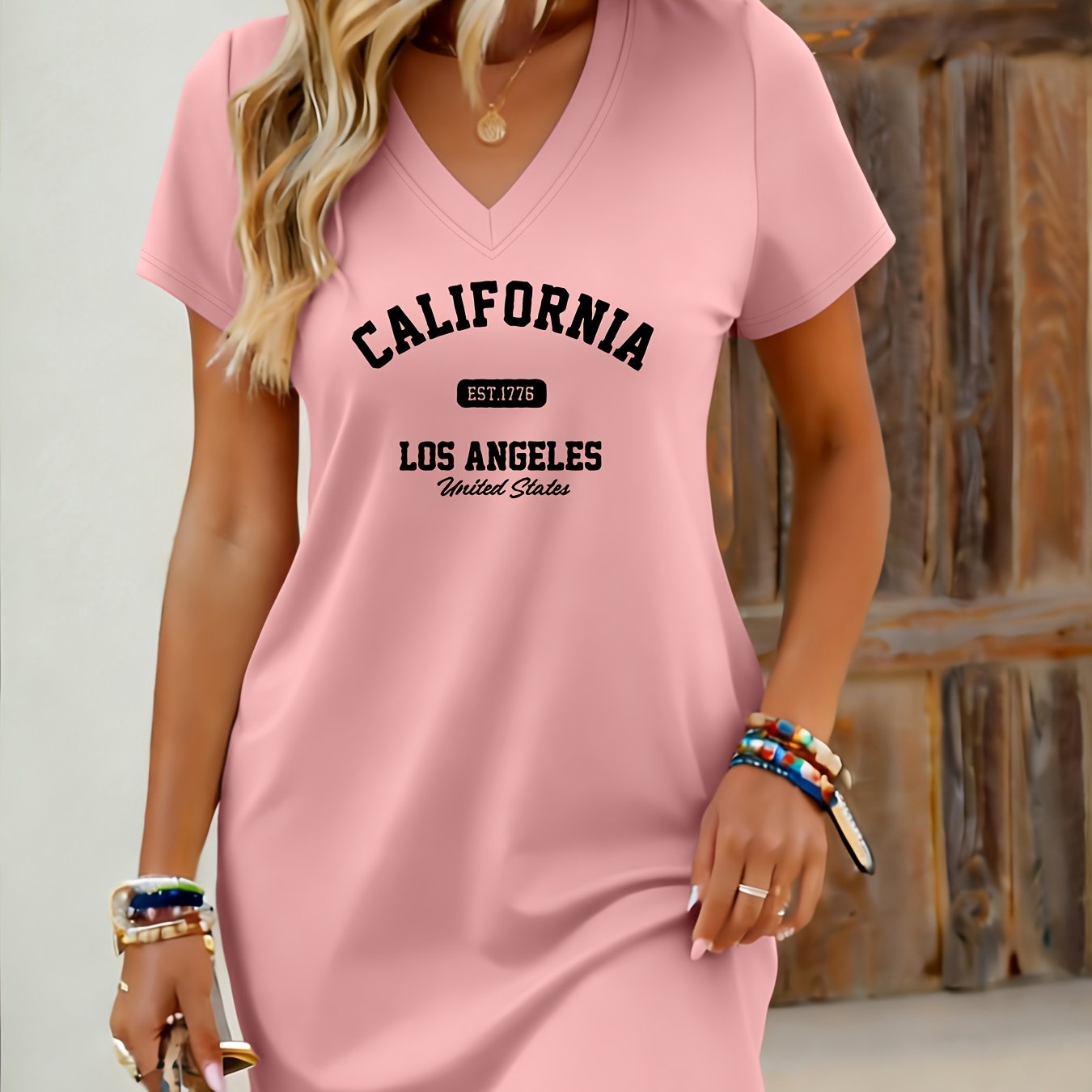 TEMU Printed V-neck Midi T-shirt Dress For Women, Summer Simple Versatile Casual Dress With Short Sleeves, Long-length Top