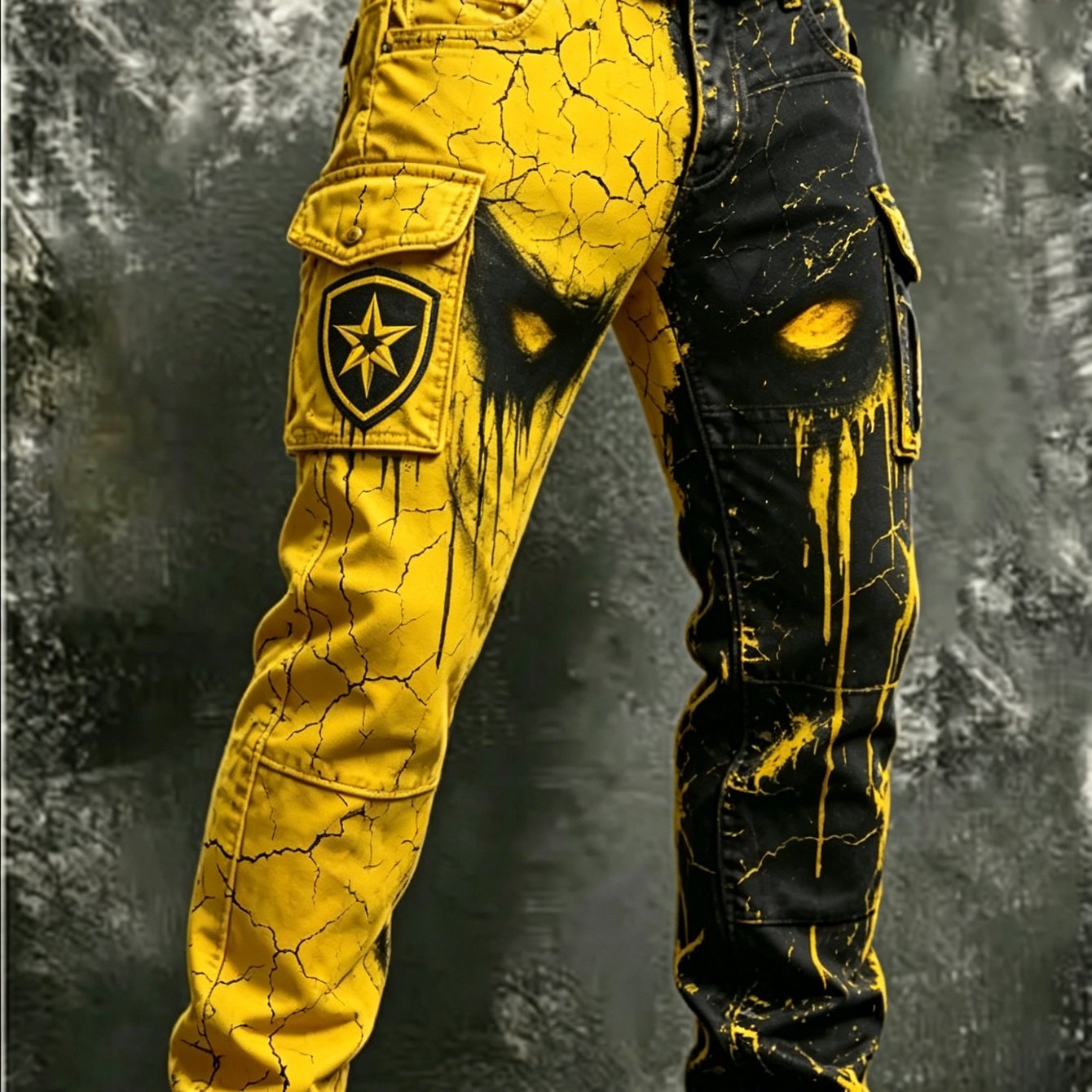 Image of Men's Style Yellow Print Cargo Pants Multi-pocket Casual Outdoor Trousers
