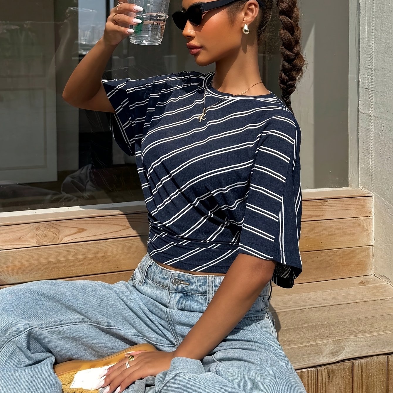 Image of Women's Twill Striped Crop Top - Short Sleeve Ruched Waist Casual T-shirt