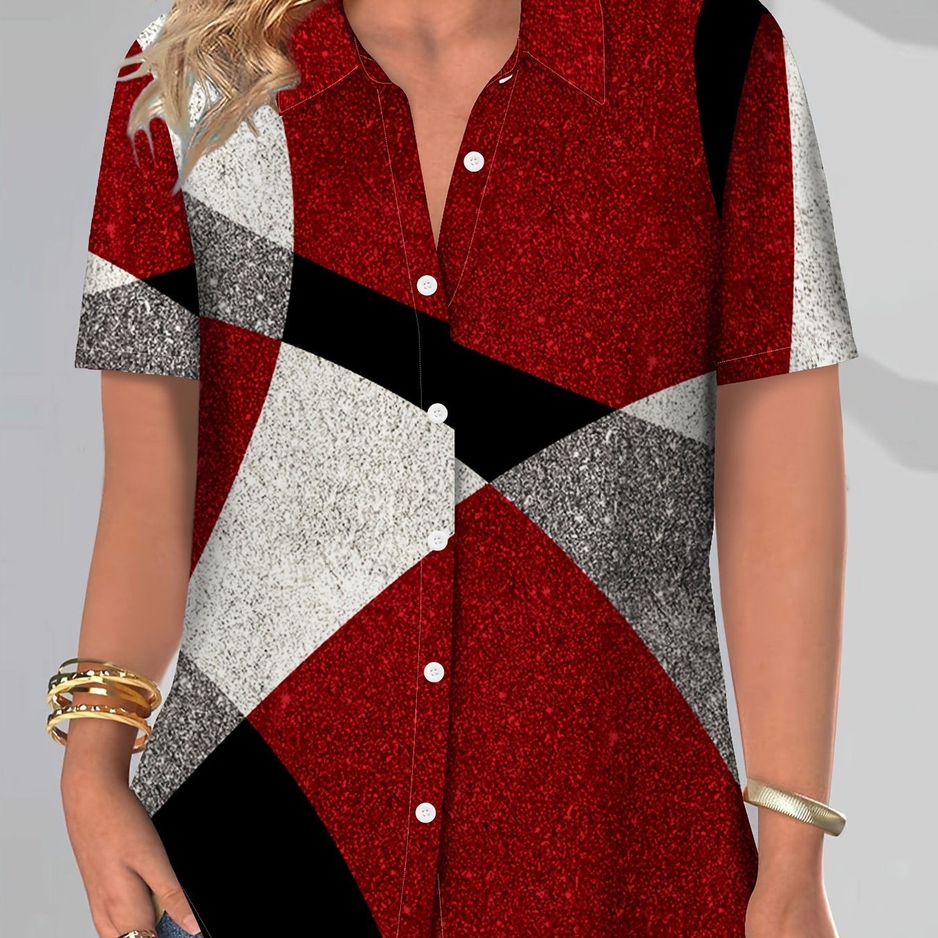 E-shop Amerikanisches Casual Color-Block Geometrisches Unregelmäßiges Muster Kurzarmhemd