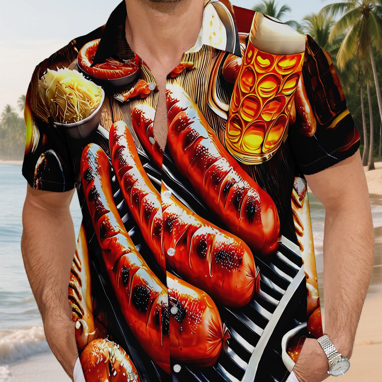 TEMU [printed Design - Not Textured] 2026 Summer New Arrival Men's Plus Size Shirt, Men's Printed Short Sleeve Shirt Featuring Grilled Sausages On A